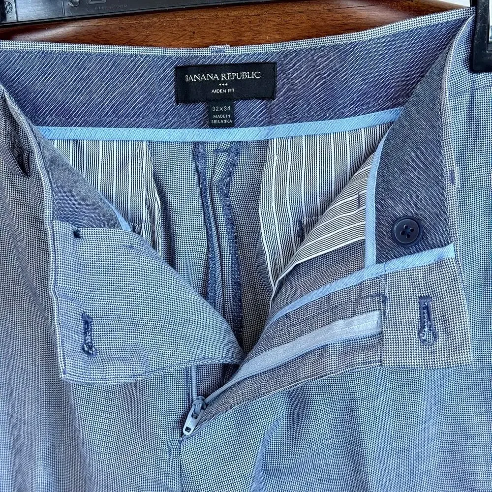 Banana Republic Aiden Fit Men’s Dress Pants 32x34 Blue Chambray 100% Cotton
